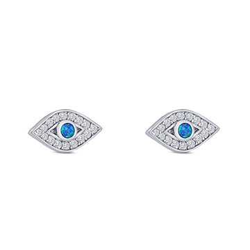 Halo Eye Stud Earring Simulated Cubic Zirconia Created Blue Opal Solid 925 Sterling Silver (5.8mm)